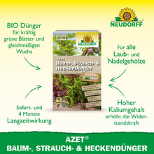 Depicted is a rectangular can of Neudorff Shop Azet Tree, Shrub & Hedge Fertilizer with green arrows emphasizing the long-lasting effect and high potassium content - an ideal fertilizer for shrubs and hedges in any garden.