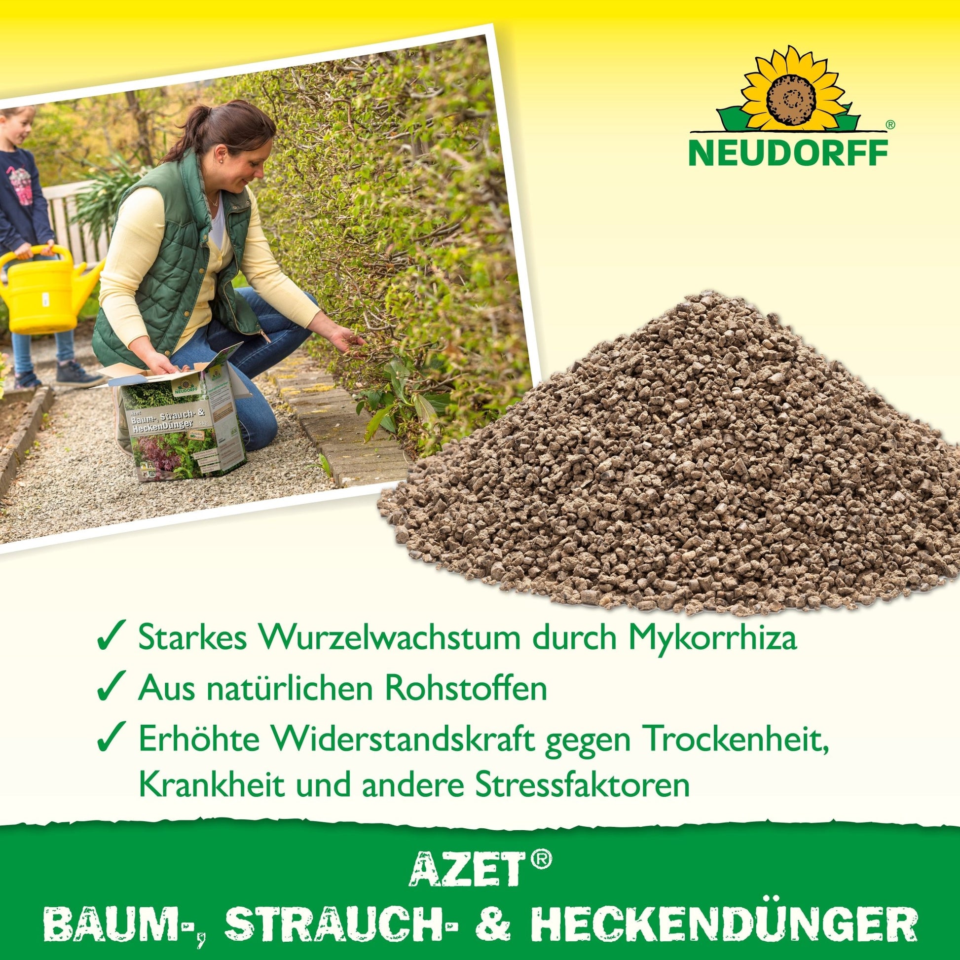 A woman applies Azet Tree, Shrub & Hedge Fertilizer from the Neudorff Shop to a shrub in her garden. Granular fertilizer is next to it. The text highlights strong root growth, natural ingredients, and drought resistance. The Neudorff branding is visible.