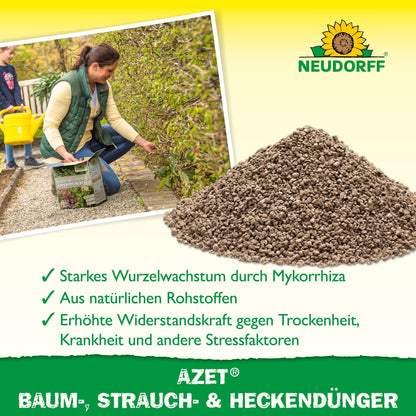 A woman applies Azet Tree, Shrub & Hedge Fertilizer from the Neudorff Shop to a shrub in her garden. Granular fertilizer is next to it. The text highlights strong root growth, natural ingredients, and drought resistance. The Neudorff branding is visible.