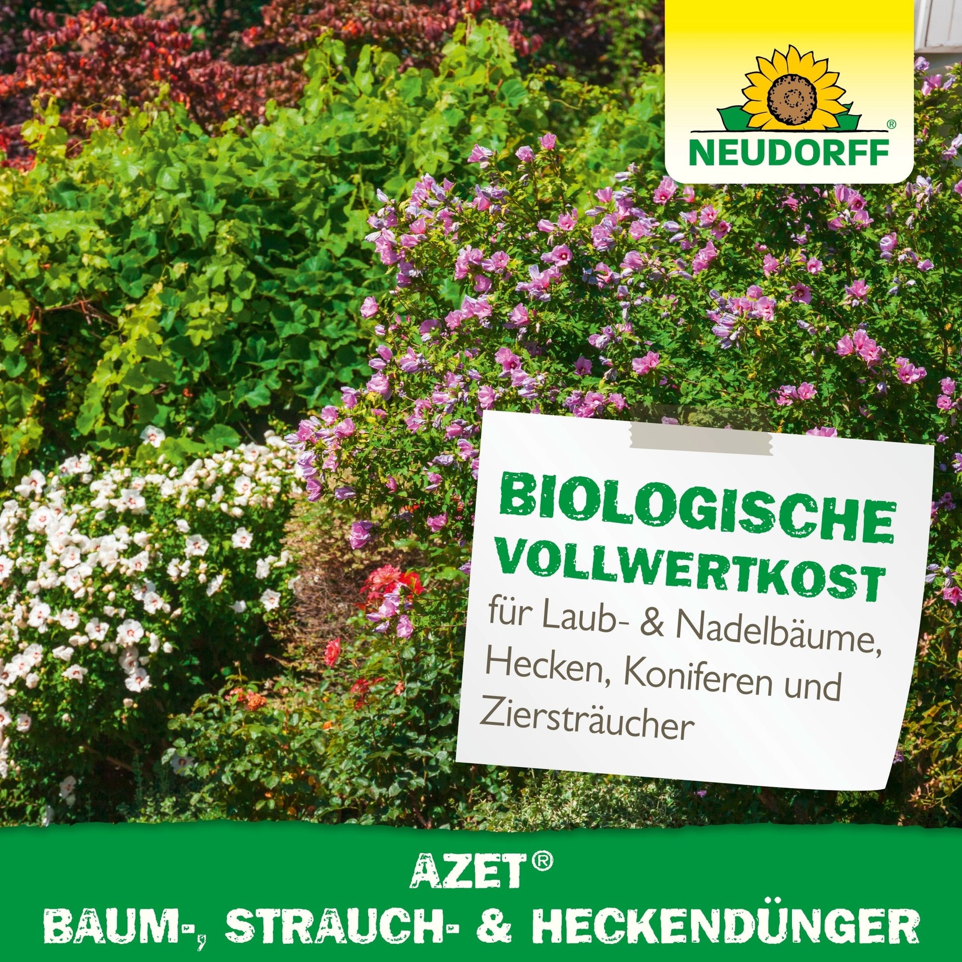 A vibrant garden with green, blooming shrubs and a sign reading "Biological Whole Food" and "Azet Tree, Shrub & Hedge Fertilizer." In the upper right corner, the Neudorff Shop logo is visible.