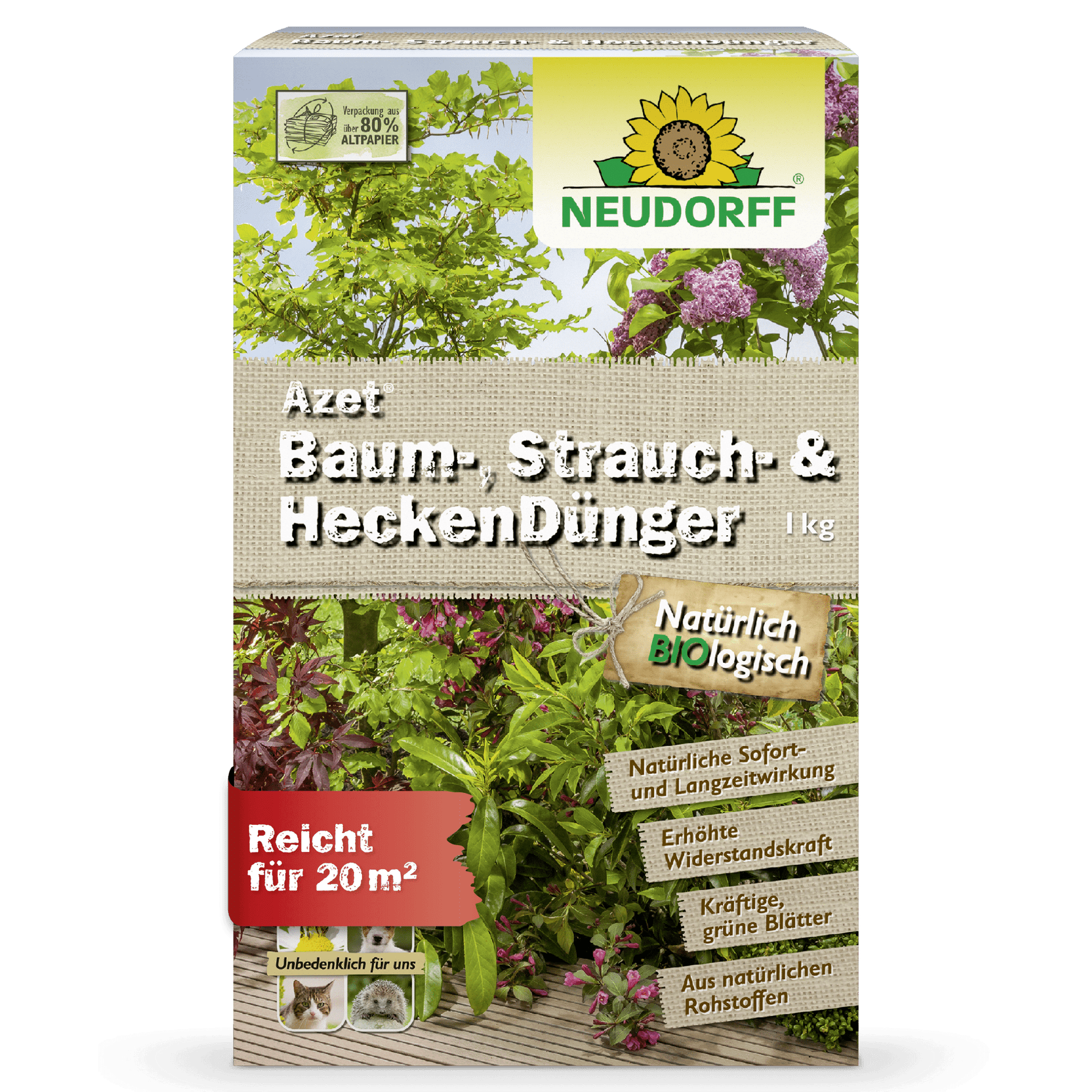 Azet Tree, Shrub & Hedge Fertilizer (1kg) from Neudorff Shop, with images of green and red-leaved shrubs and clear product information on the front - perfect for garden enthusiasts.