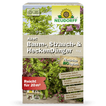 Azet Tree, Shrub & Hedge Fertilizer (1kg) from Neudorff Shop, with images of green and red-leaved shrubs and clear product information on the front - perfect for garden enthusiasts.