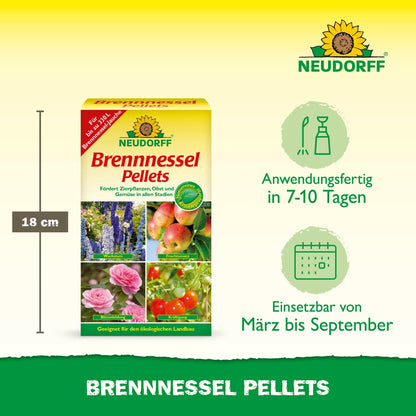 Pictured is a box of Neudorff Shop Nettle Pellets (18 cm tall) with fruits, vegetables, and flowers. This versatile plant tonic is ideal for March-September and ready in 7-10 days.