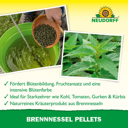 A green bucket with nettle slurry and a scoop of pellets stands next to nettle leaves. Neudorff Shop Nettle Pellets is a plant tonic that helps boost plant health.