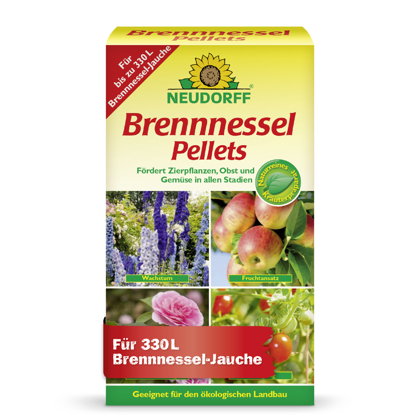 Neudorff Shop Nettle Pellets are an effective plant tonic that provides 330 L of nettle slurry to support the growth of ornamental plants, fruits, and vegetables. The packaging shows images of flowers, fruits, and vegetables.