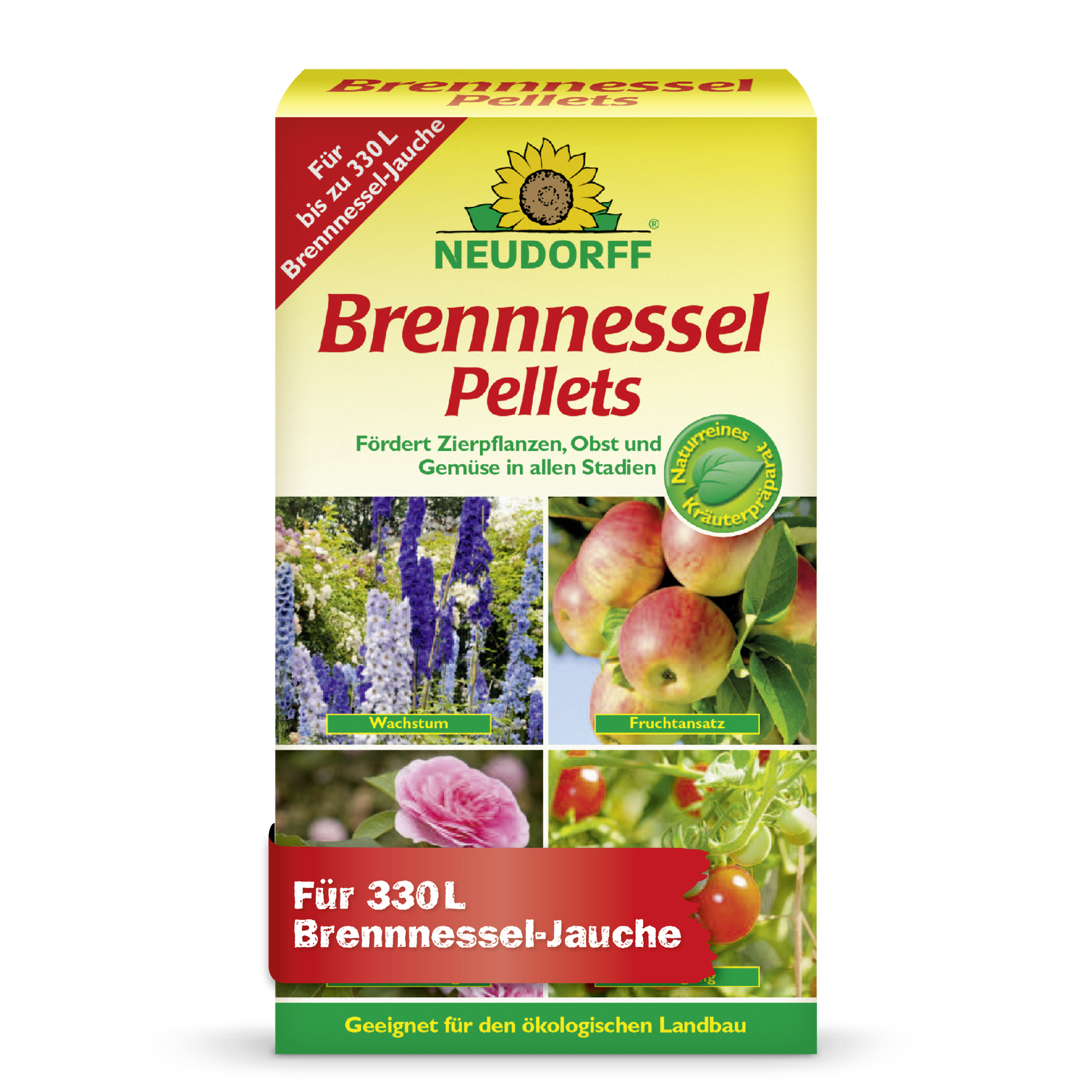 Neudorff Shop Nettle Pellets are an effective plant tonic that provides 330 L of nettle slurry to support the growth of ornamental plants, fruits, and vegetables. The packaging shows images of flowers, fruits, and vegetables.