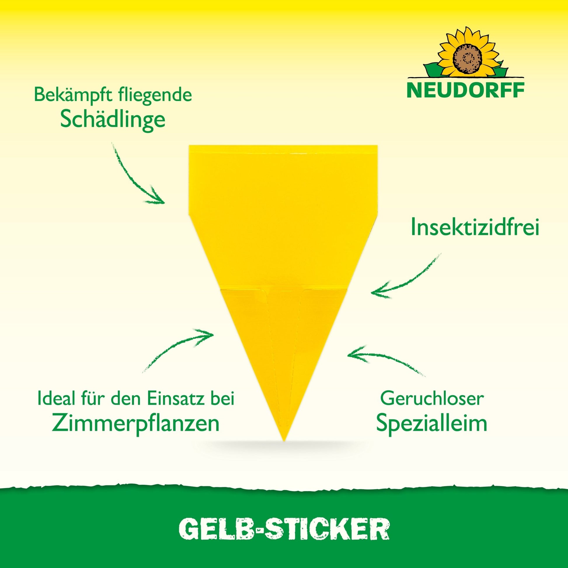 A yellow, triangular Yellow Sticker from Neudorff Shop, insecticide-free and odorless, effectively combats flying pests like fungus gnats on houseplants. The Neudorff logo is depicted at the top.