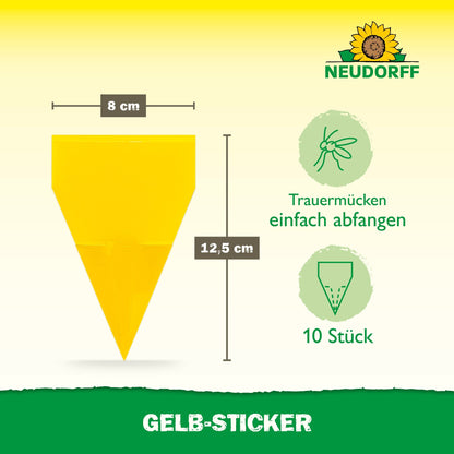 Depicted is a yellow, arrow-shaped Neudorff Shop Yellow Sticker Trap (8 x 12.5 cm) with symbols for fungus gnats and "10 pieces." German text: "Easily catch fungus gnats." Ideal for houseplants; Neudorff logo at the top.