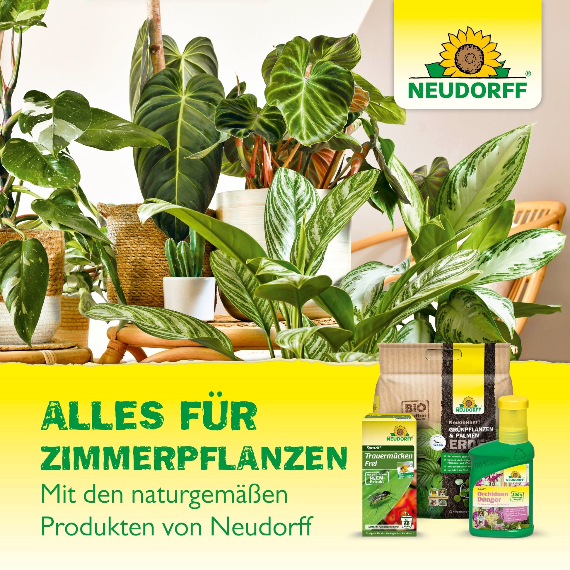 Several potted houseplants stand on a table next to Neudorff Shop products, including plant food, soil, and Yellow Stickers. The bright background shows the Neudorff Shop sign and German text promoting plant care.
