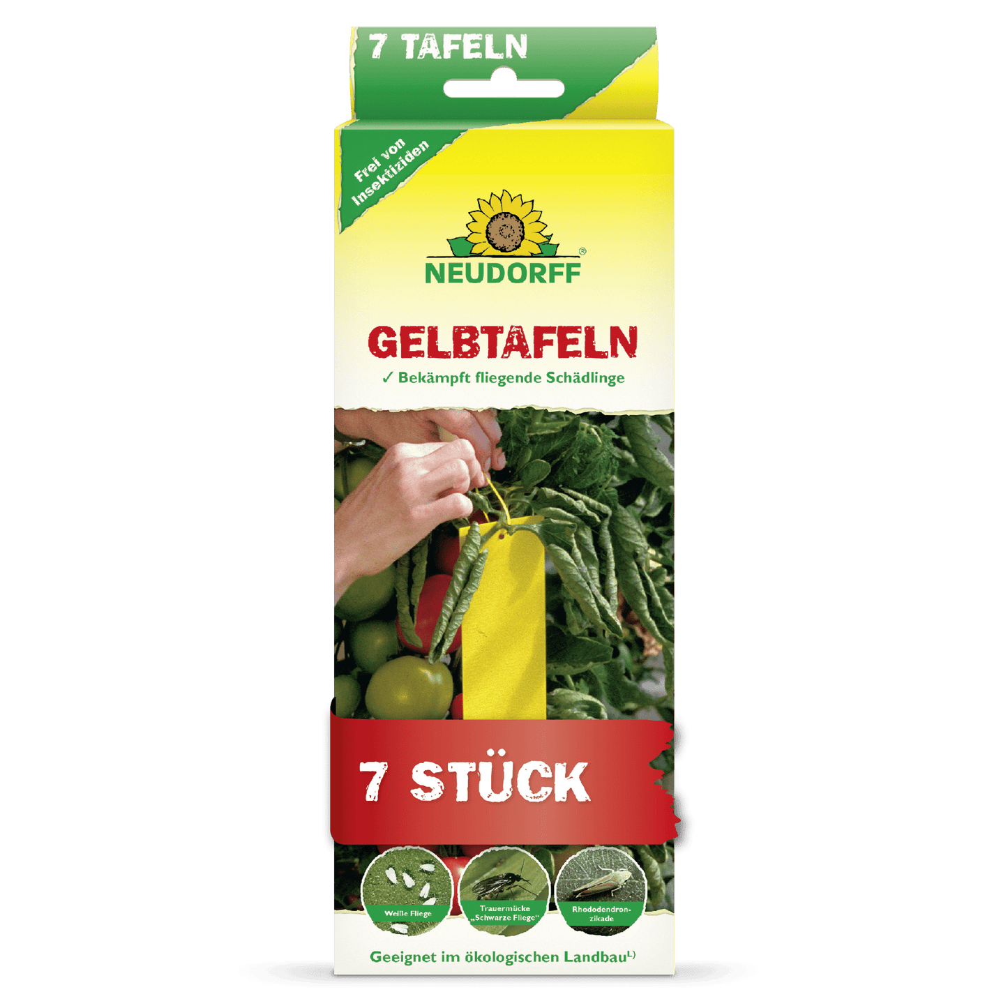 A rectangular yellow-green box with the inscription "Neudorff Shop Gelbtafeln (small format)" and an image of yellow sticky traps between tomato plants. Combats flying pests such as fungus gnats and whiteflies. Contains 7 pieces.