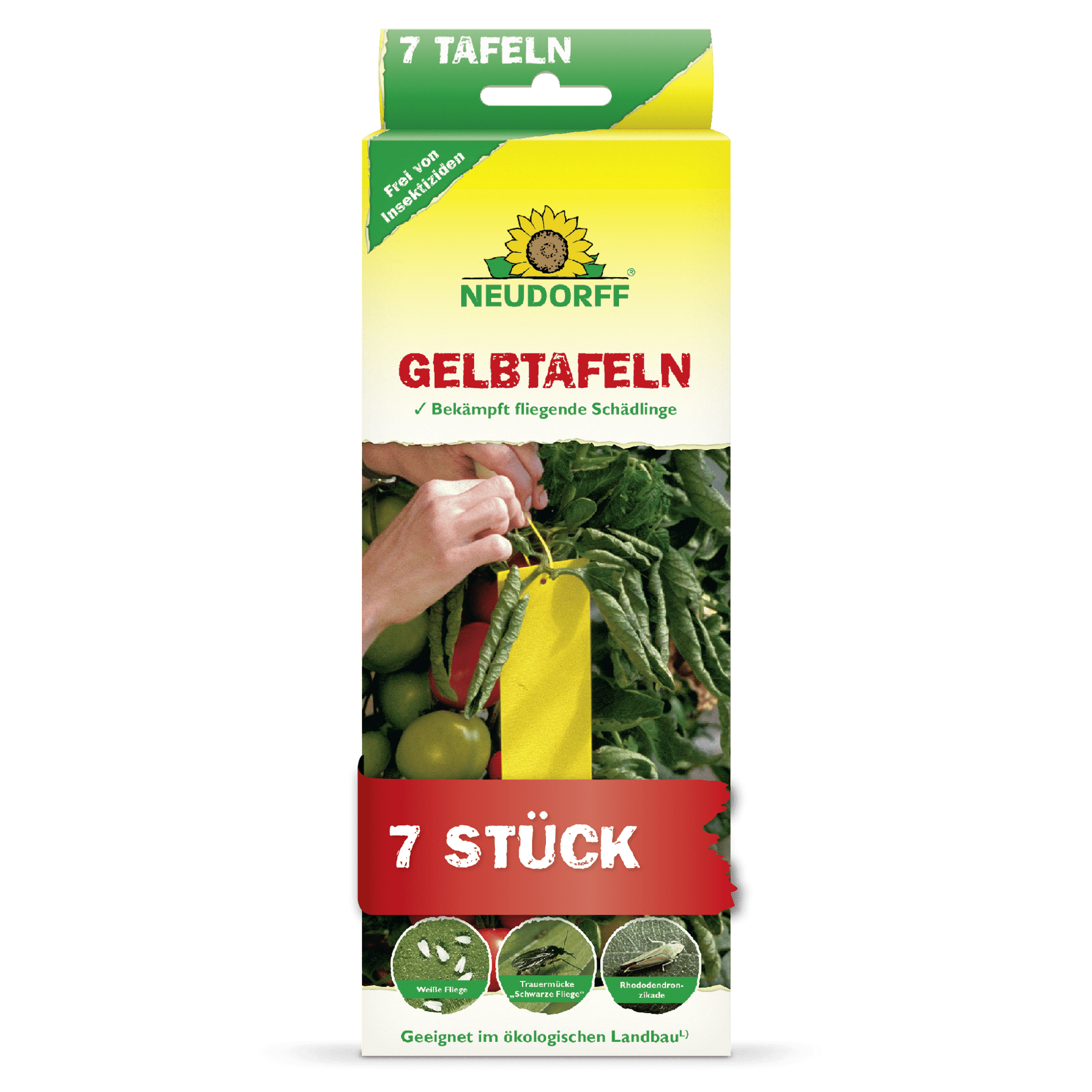 A rectangular yellow-green box with the inscription "Neudorff Shop Gelbtafeln (small format)" and an image of yellow sticky traps between tomato plants. Combats flying pests such as fungus gnats and whiteflies. Contains 7 pieces.