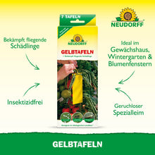 A rectangular box with the inscription "Gelbtafeln (small format)" from Neudorff Shop shows a yellow sticky trap between tomatoes. It is free of insecticides, ideal for greenhouses and flower windows, and targets pests such as fungus gnats and whiteflies.