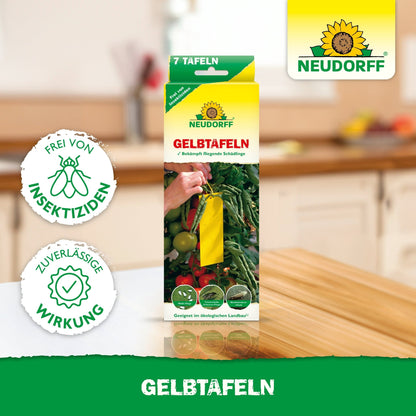 On a kitchen table stands a box of Neudorff Shop Gelbtafeln (small format) with yellow sticky traps for plants and the note "free of insecticides" with reliable effectiveness against pests like whiteflies.