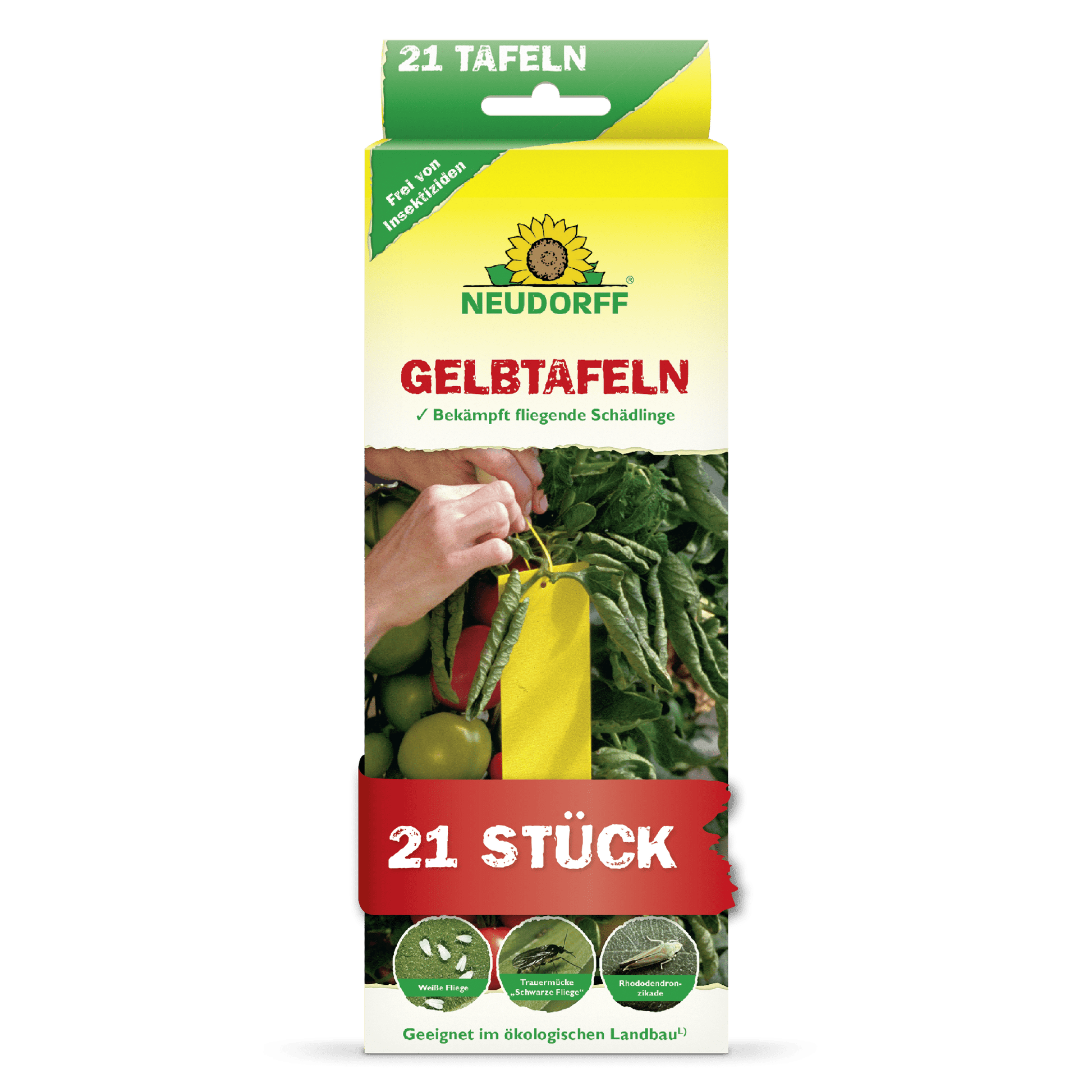 A rectangular box of Neudorff Shop Gelbtafeln (small format) shows a hand placing a yellow sticky trap between tomatoes. The 21-piece pack controls whiteflies and fungus gnats and is suitable for organic farming.