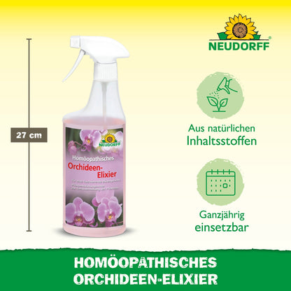 Depicted is a 27 cm long spray bottle of Neudorff Shop Homeopathic Orchid Elixir. The label features orchids, with symbols highlighting the natural ingredients and suitability as a year-round plant aid.