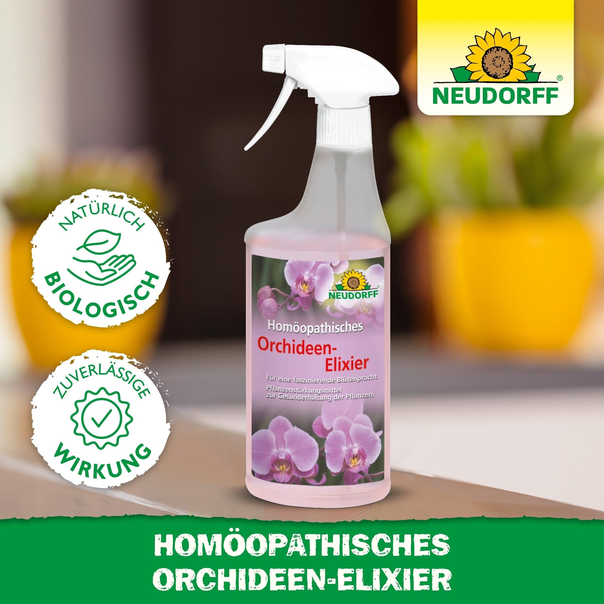 A spray bottle with "Homeopathic Orchid Elixir" from the Neudorff Shop, featuring pink orchids on its label. The blurred background shows yellow plant pots and green plants. An ideal care product for orchids.