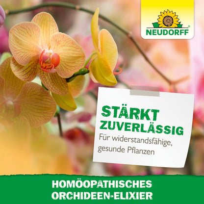 A close-up of yellow and pink orchids with a sign: "Strengthens reliably. For resilient, healthy plants." Neudorff Shop logo. Below text: "Homeopathic Orchid Elixir - the plant aid for orchid care."]