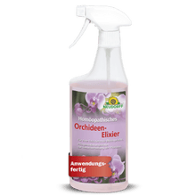 A white spray bottle with a pump attachment labeled "Homeopathic Orchid Elixir" for orchid care is adorned with pink orchids and the Neudorff Shop logo above the label, indicating the product as a plant care product.