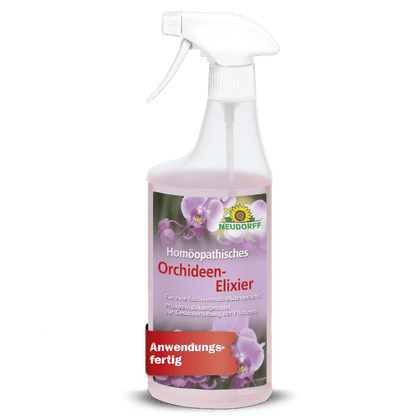 A white spray bottle with a pump attachment labeled "Homeopathic Orchid Elixir" for orchid care is adorned with pink orchids and the Neudorff Shop logo above the label, indicating the product as a plant care product.