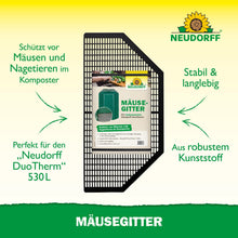 Pictured is a rectangular, black plastic grid, "mouse grid" from Neudorff Shop. It protects against rodents, fits the Neudorff DuoTherm Thermo composter, and features a durable base grid made of sturdy plastic.