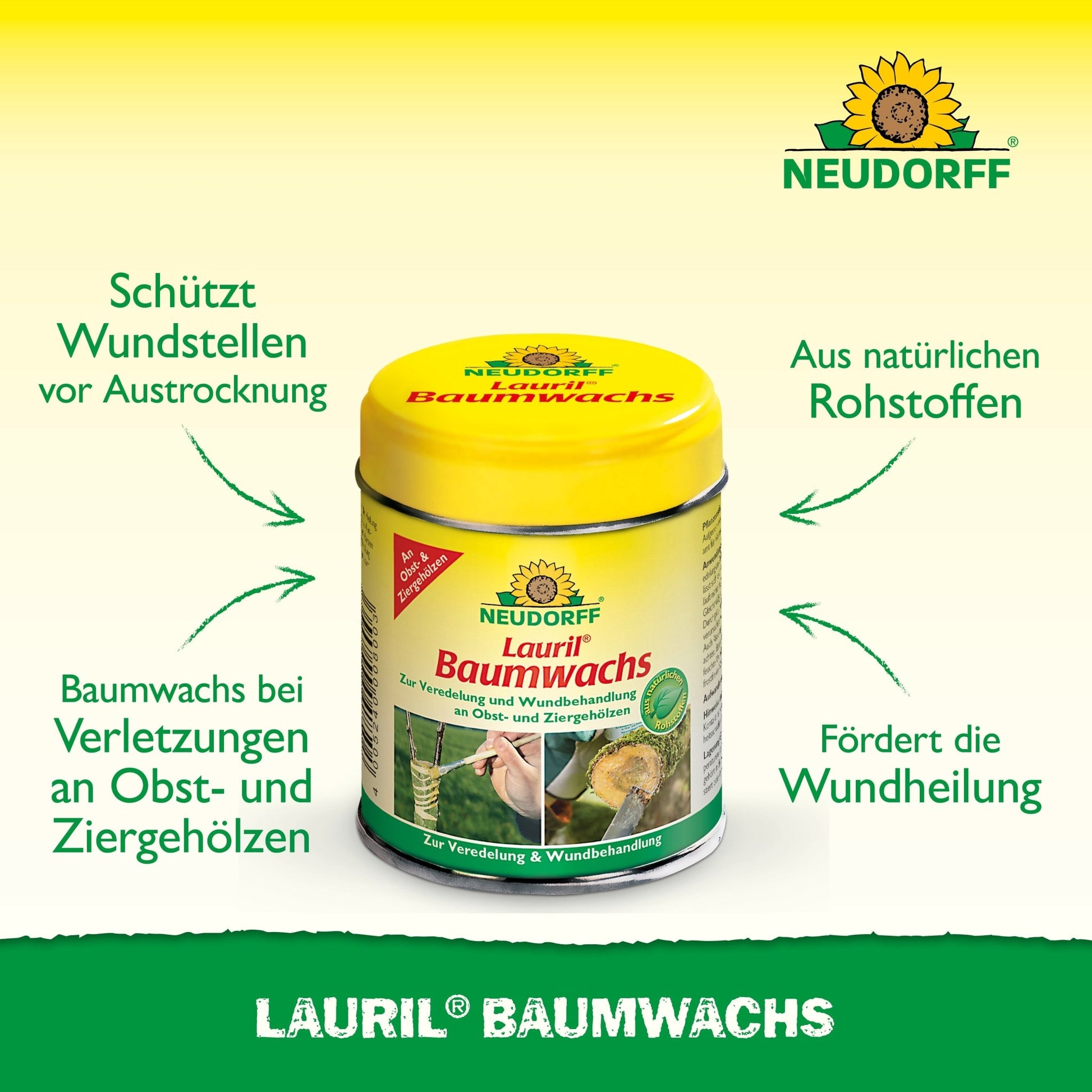 Pictured is a yellow-green "Lauril tree wax" container from Neudorff Shop. This plant wax protects and heals fruit trees. The German text highlights the natural ingredients.