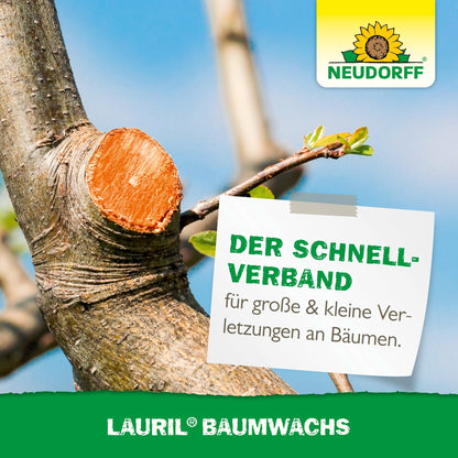 A freshly cut tree branch is treated with Lauril tree wax. The Neudorff Shop logo highlights Lauril tree wax for sealing wounds on fruit trees and caring for tree wounds.