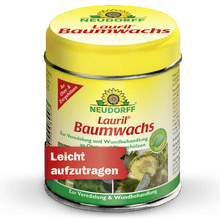 A yellow can of Lauril tree wax from Neudorff Shop for tree care and wound treatment of fruit and ornamental trees, with a red label that says "Easy to apply".