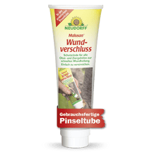 A tube of Neudorff Shop Malusan wound sealant, ideal for sealing wounds after tree pruning, depicted with a brand mark, a description, and the image of a person applying it to a tree trunk.