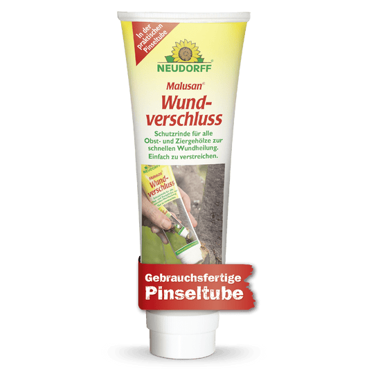A tube of Neudorff Shop Malusan wound sealant, ideal for sealing wounds after tree pruning, depicted with a brand mark, a description, and the image of a person applying it to a tree trunk.