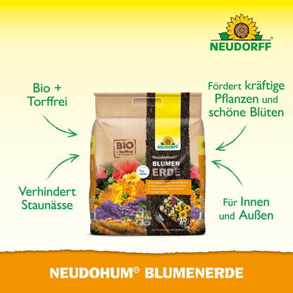 A bag of NeudoHum potting soil from Neudorff Shop stands on a yellow background. The text highlights: "Organic & peat-free", "Prevents waterlogging", "Promotes strong plants & beautiful flowers" and "For indoors & outdoors".