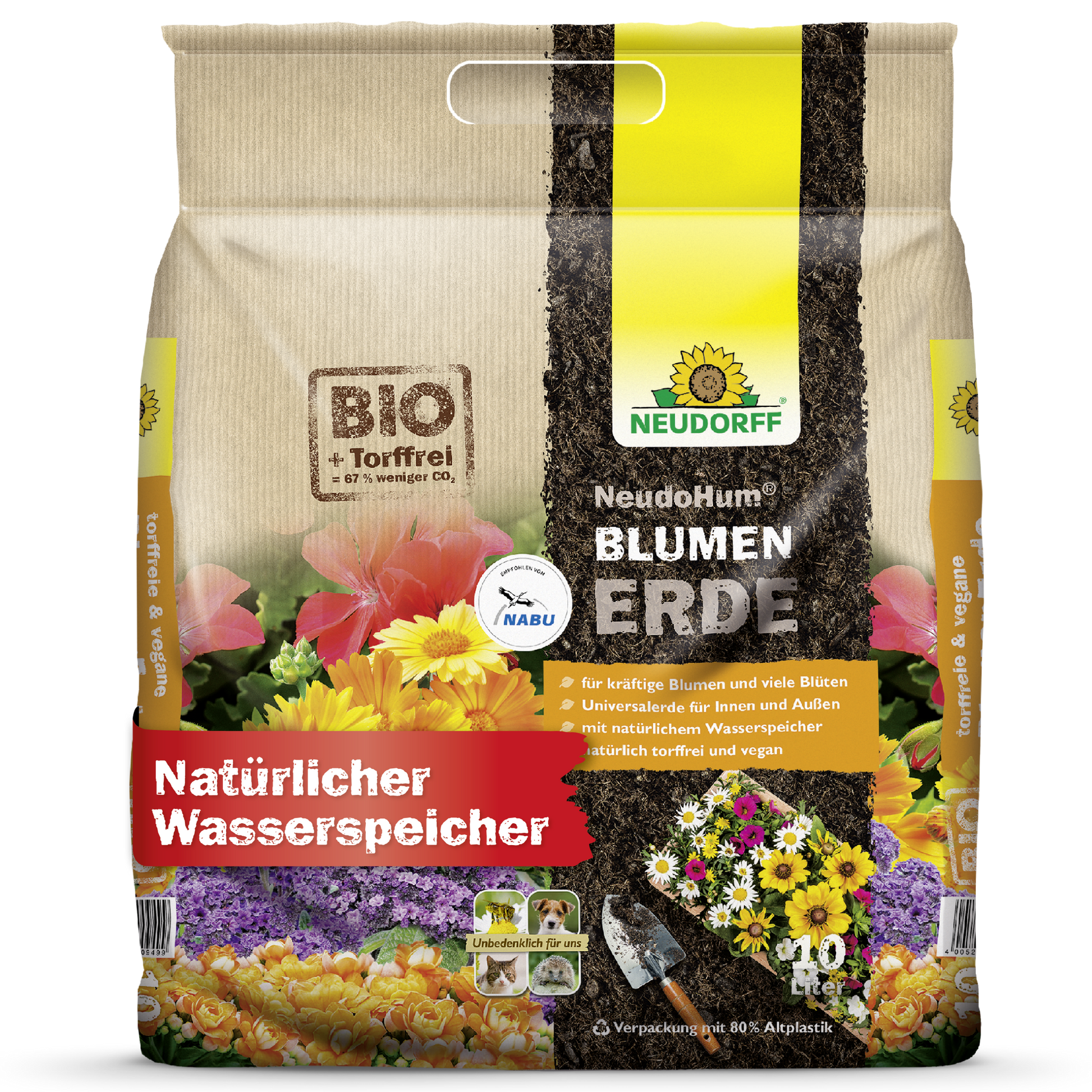 A 40-liter sack of NeudoHum potting soil from Neudorff Shop for garden plants, highlighted as peat-free, vegan, environmentally friendly potting soil with natural water reservoir, colorful flowers on the packaging, and eco-labels.