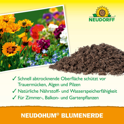 A photo of colorful flowers, a pile of NeudoHum potting soil, and text about the benefits for indoor, balcony, and garden plants on a yellow-green background with the Neudorff Shop logo.
