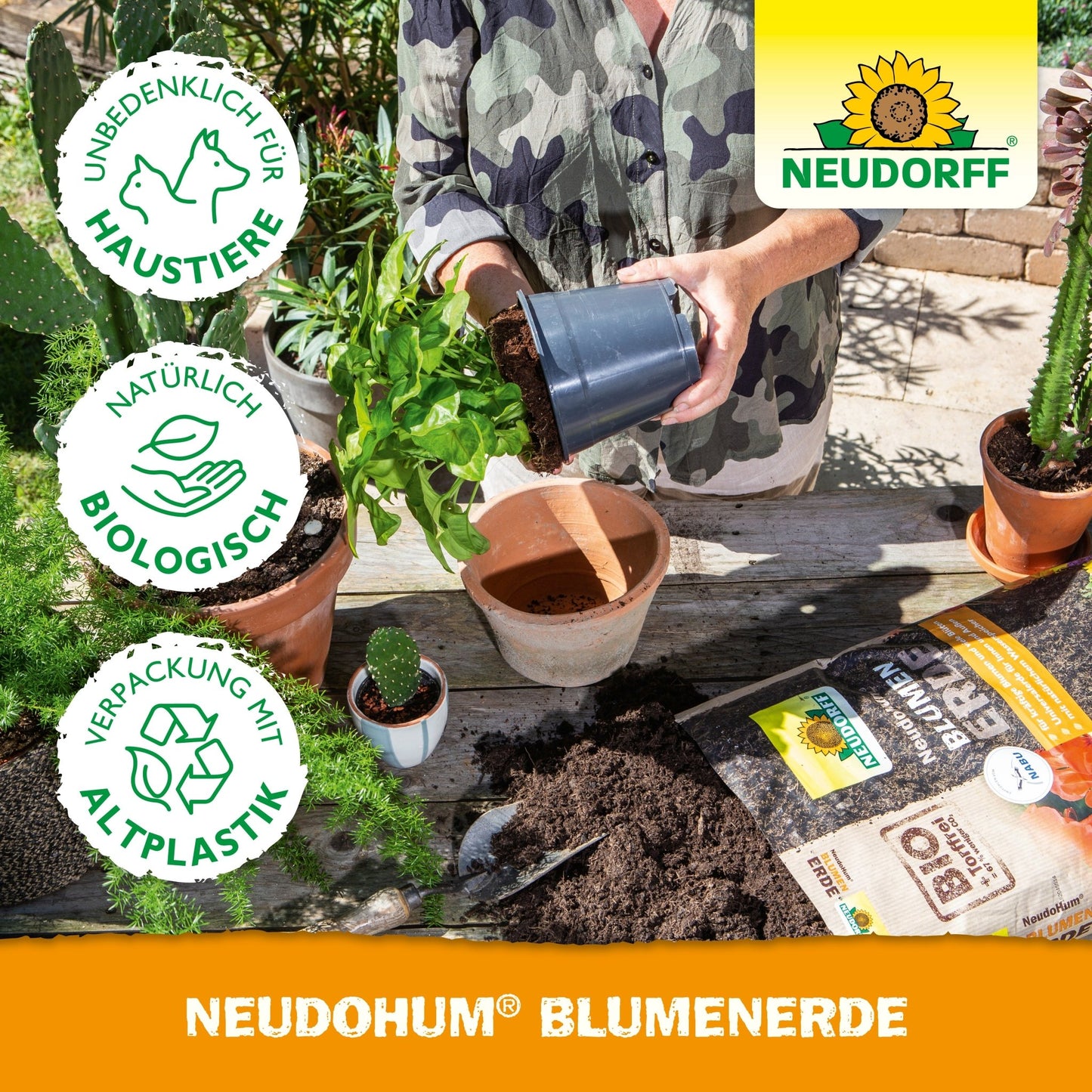 A person repotting a plant at a table with soil, potted garden plants, gardening tools, potting soil bags, and a NeudoHum potting soil bag from Neudorff Shop. Next to the Neudorff logo, symbols for environmental friendliness and pet-friendliness appear.