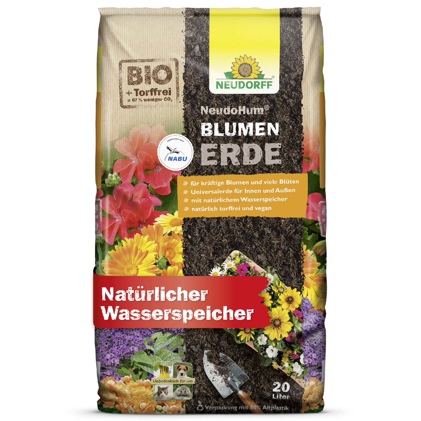 The 20L NeudoHum potting soil from Neudorff Shop is adorned with colorful flowers on the packaging and offers organic, peat-free potting soil with natural water retention - perfect for garden plants.