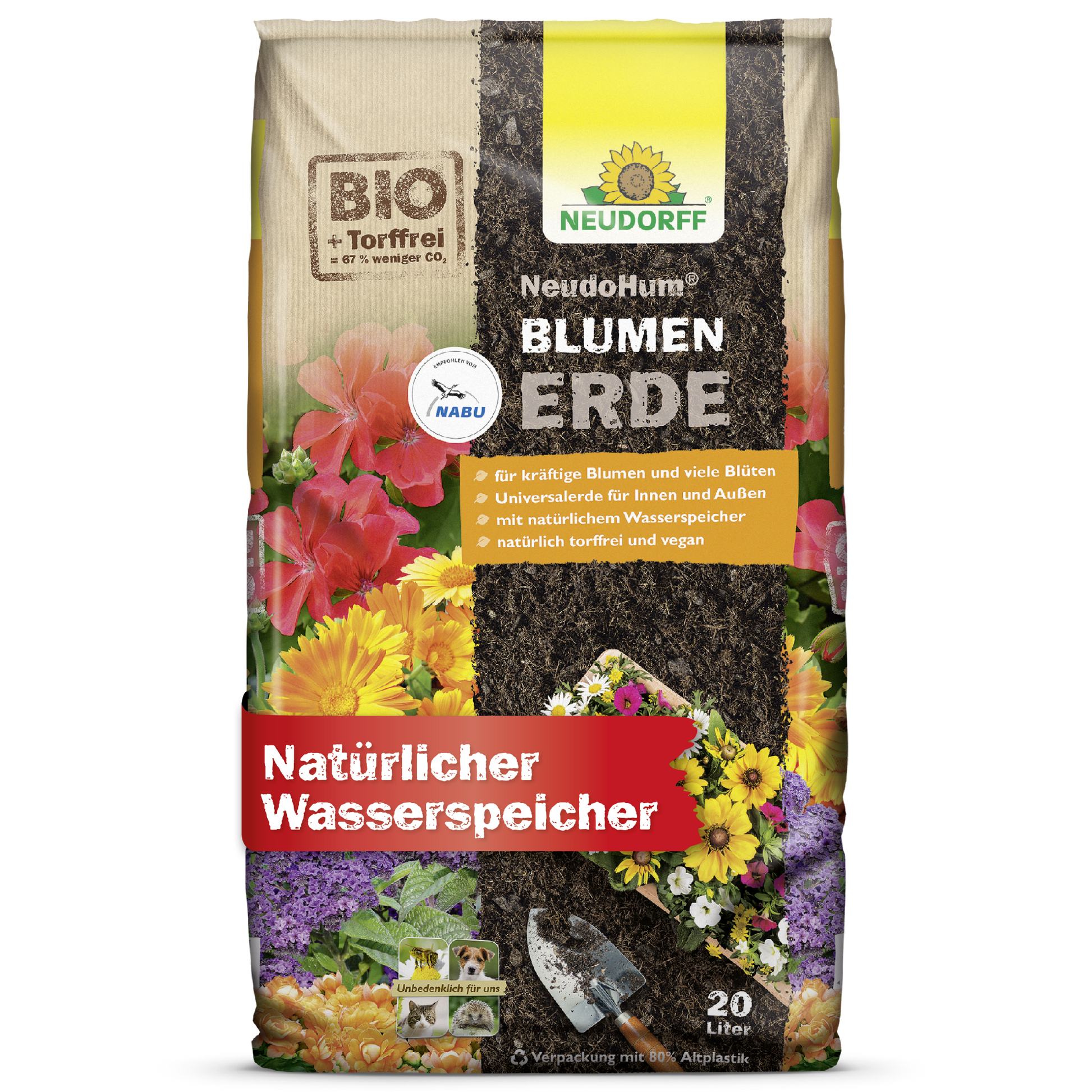 The 20L NeudoHum potting soil from Neudorff Shop is adorned with colorful flowers on the packaging and offers organic, peat-free potting soil with natural water retention - perfect for garden plants.