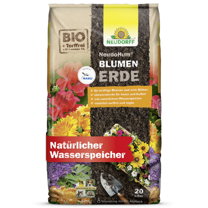 The 20L NeudoHum potting soil from Neudorff Shop is adorned with colorful flowers on the packaging and offers organic, peat-free potting soil with natural water retention - perfect for garden plants.