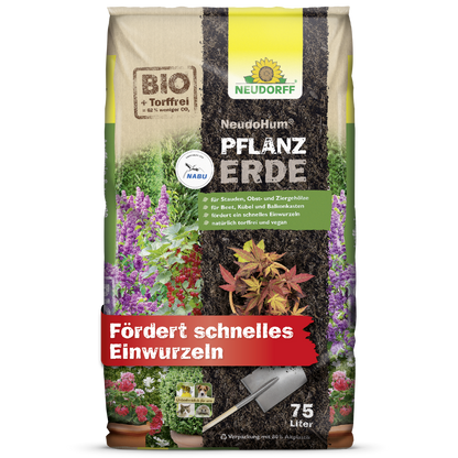 A 75-liter bag of Neudorff Shop NeudoHum Plant Soil, depicted with bright flowers and a shovel, offers a biological, peat-free, vegan mix, ideal for the rapid rooting of shrubs and perennials - just as depicted on the packaging.