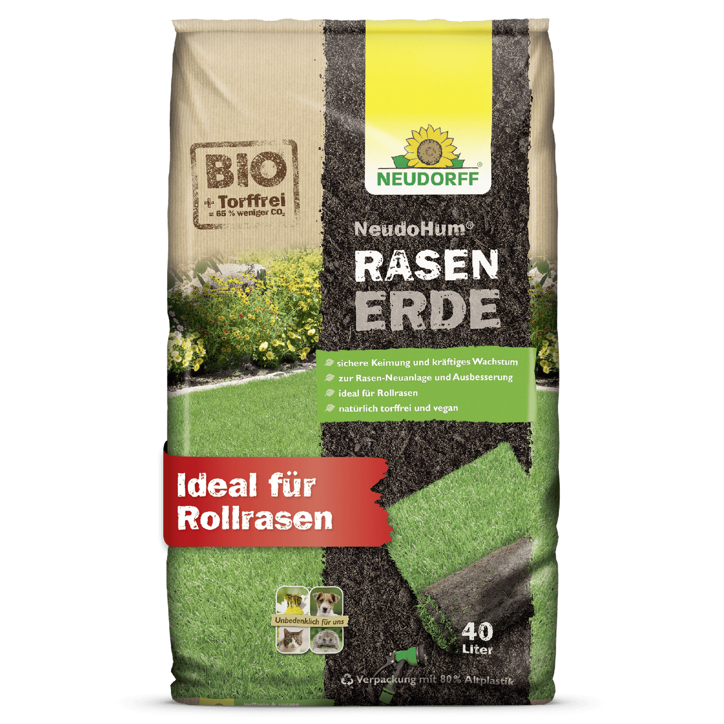 The Neudorff Shop NeudoHum Lawn Soil is a 40L biological, peat-free, vegan lawn soil - ideal for creating green lawns or sod, as depicted on the lawn packaging. Perfect for lawn areas and healthy growth.