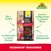 Displayed is a Neudorff Shop NeudoHum Rose Soil package with texts and graphics about organic ingredients, root-strengthening mycorrhiza, improved growth conditions, and support for strong, blooming roses.