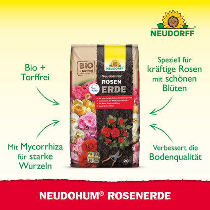 Displayed is a Neudorff Shop NeudoHum Rose Soil package with texts and graphics about organic ingredients, root-strengthening mycorrhiza, improved growth conditions, and support for strong, blooming roses.