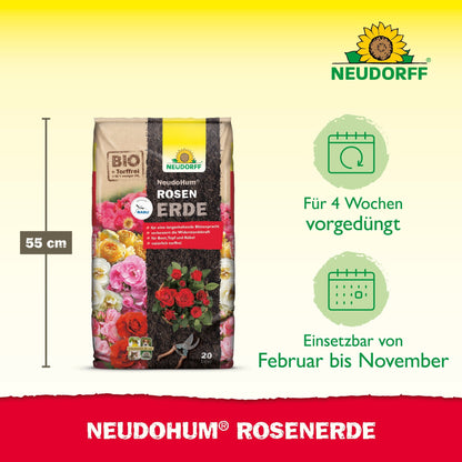 A 20-liter bag of Neudorff Shop NeudoHum Rose Soil (55 cm high) stands upright and shows roses on the packaging. Pictograms show the 4-week fertilization and optimal rose growth from February to November.