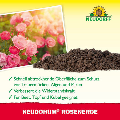 A pile of NeudoHum Rose Soil lies next to blooming pink roses. The text highlights the optimal growing conditions and features, while the Neudorff Shop logo is visible in the upper right corner.