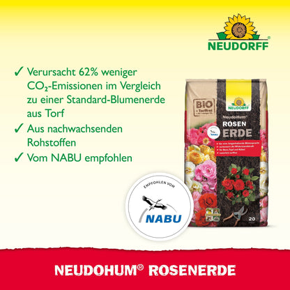 A bag of Neudorff Shop's NeudoHum Rose Soil is depicted on a yellow and green background, with bullet points for reduced CO₂ emissions, renewable resources, and a NABU recommendation.