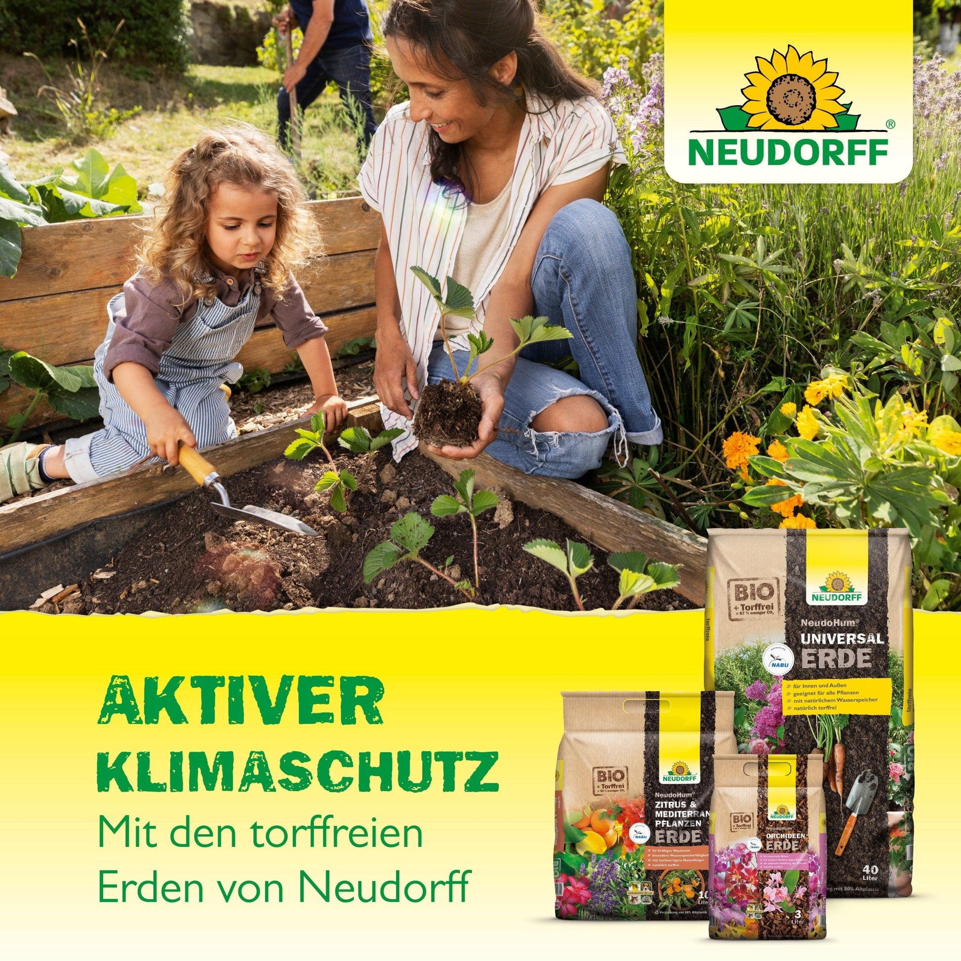 A woman and a young girl plant seedlings with gardening tools while bags of Neudorff Shop NeudoHum Rose Soil are shown. The text highlights peat-free soil for climate protection and optimal growth conditions.