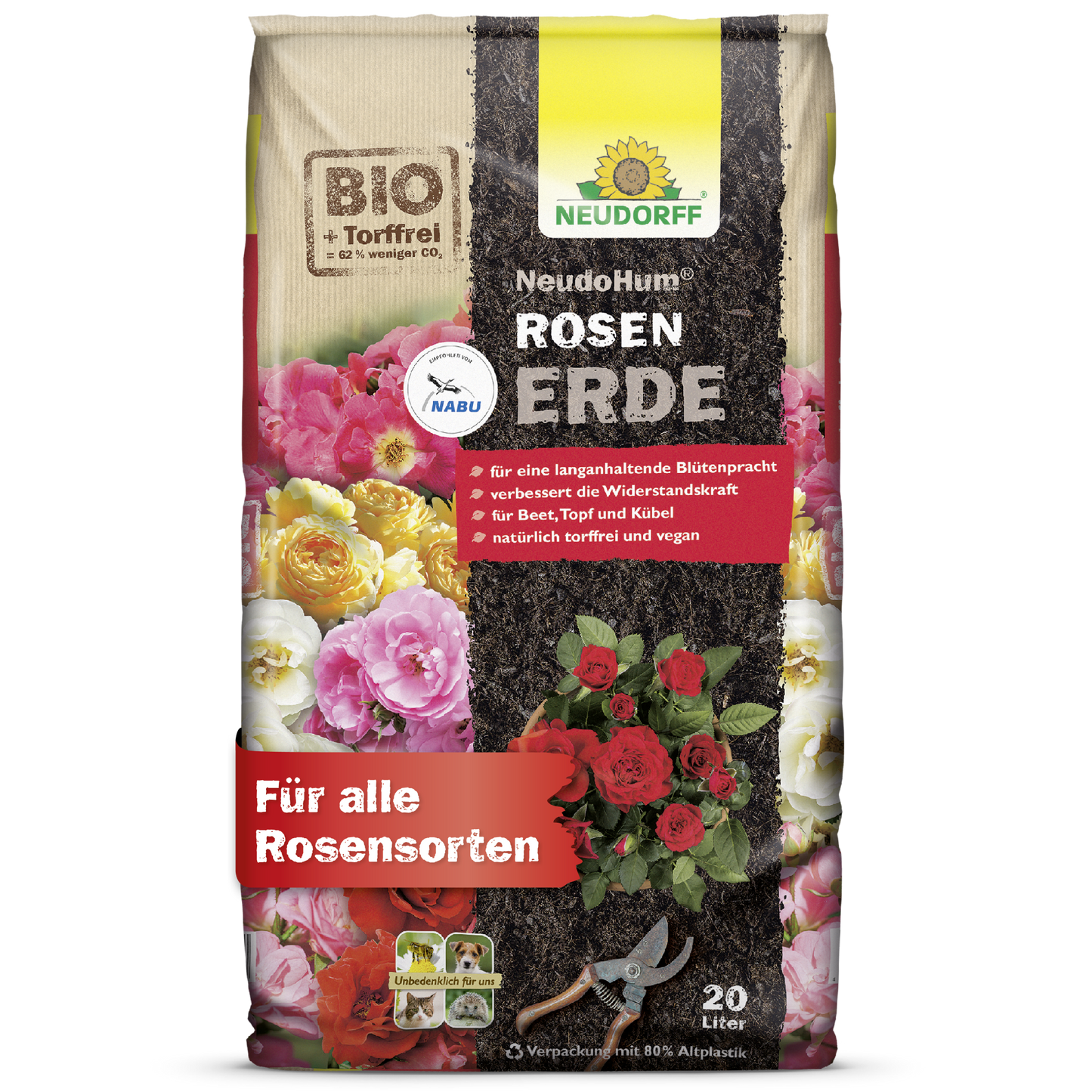 A 20-liter bag of Neudorff Shop NeudoHum Rose Soil, a peat-free, vegan organic plant substrate with German texts and pictograms, offers optimal growth conditions for all rose varieties.