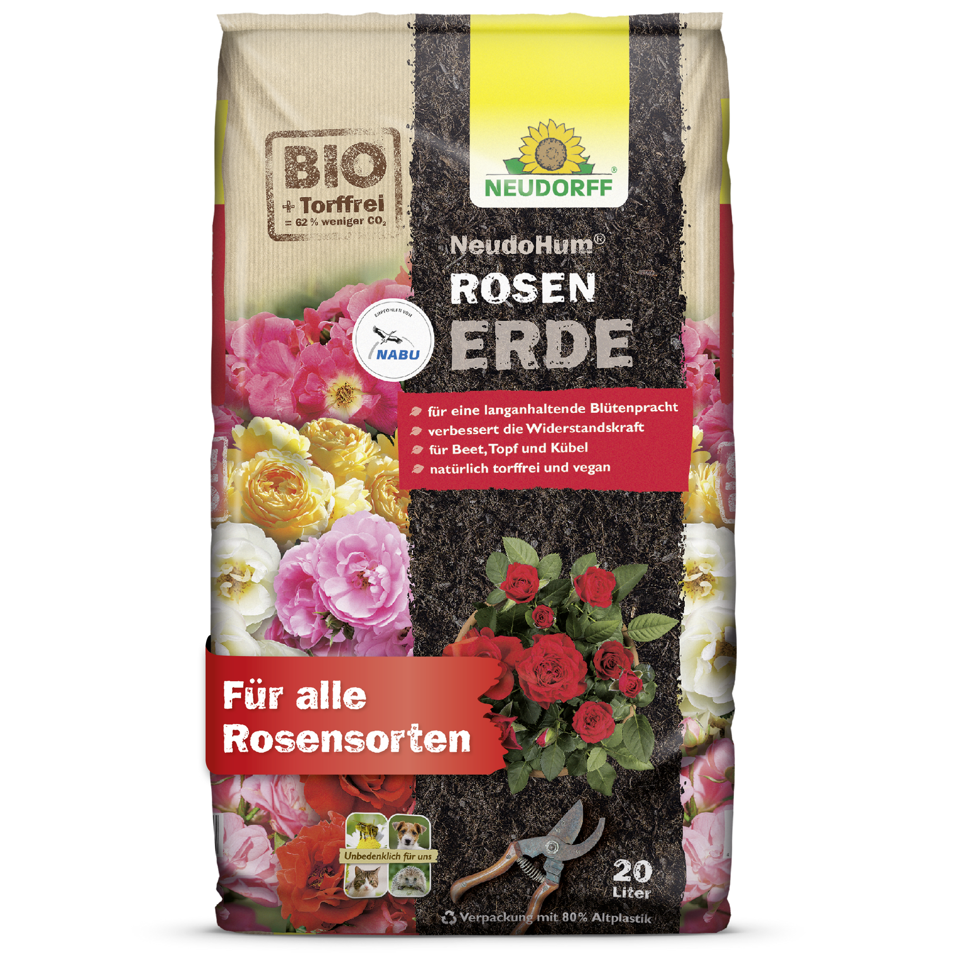 A 20-liter bag of Neudorff Shop NeudoHum Rose Soil, a peat-free, vegan organic plant substrate with German texts and pictograms, offers optimal growth conditions for all rose varieties.