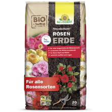 A 20-liter bag of Neudorff Shop NeudoHum Rose Soil, a peat-free, vegan organic plant substrate with German texts and pictograms, offers optimal growth conditions for all rose varieties.