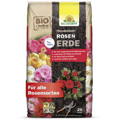 A 20-liter bag of Neudorff Shop NeudoHum Rose Soil, a peat-free, vegan organic plant substrate with German texts and pictograms, offers optimal growth conditions for all rose varieties.
