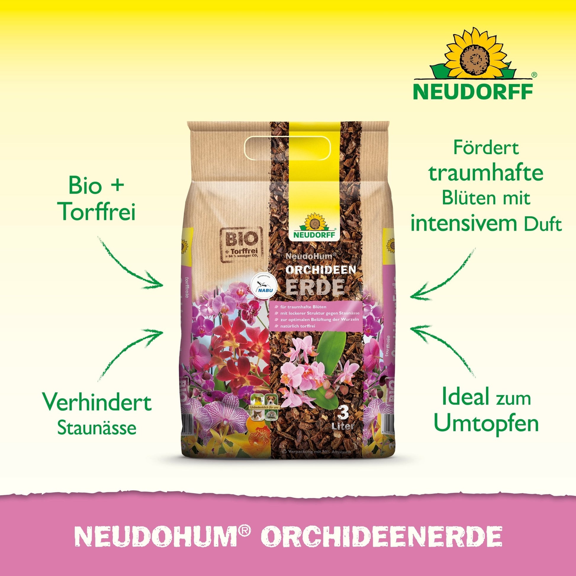 Pictured is a 3-liter bag of Neudorff Shop NeudoHum Orchid Soil. This peat-free soil is ideal for repotting orchids, promotes flowering, prevents waterlogging, and ensures easy orchid care, as highlighted on the packaging.
