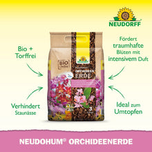 Pictured is a 3-liter bag of Neudorff Shop NeudoHum Orchid Soil. This peat-free soil is ideal for repotting orchids, promotes flowering, prevents waterlogging, and ensures easy orchid care, as highlighted on the packaging.